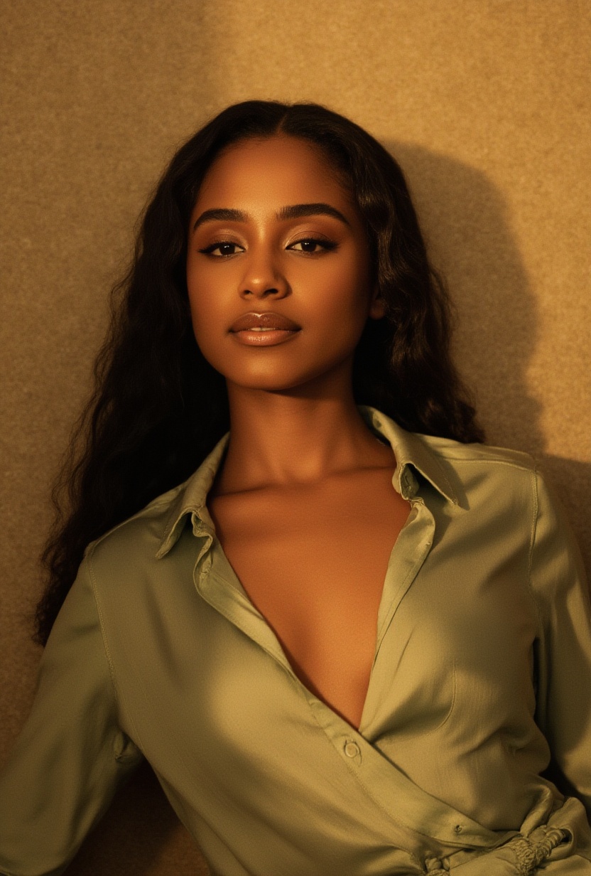 A high-end 3D portrait of an ***** black woman,  long hair,  combining lifelike realism with a deliberate artistic styliza...