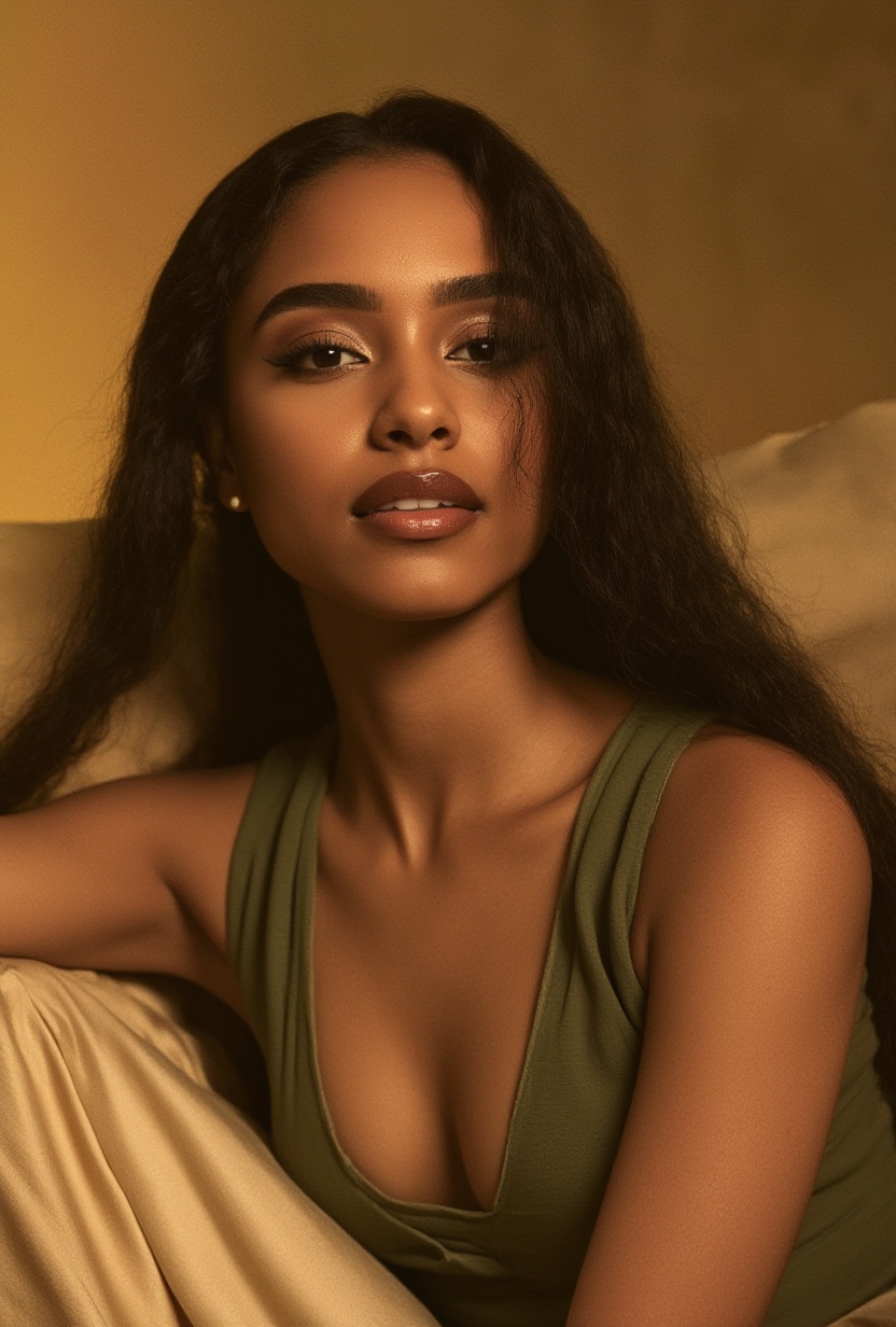 A high-end 3D portrait of an ***** black woman,  long hair,  combining lifelike realism with a deliberate artistic styliza...