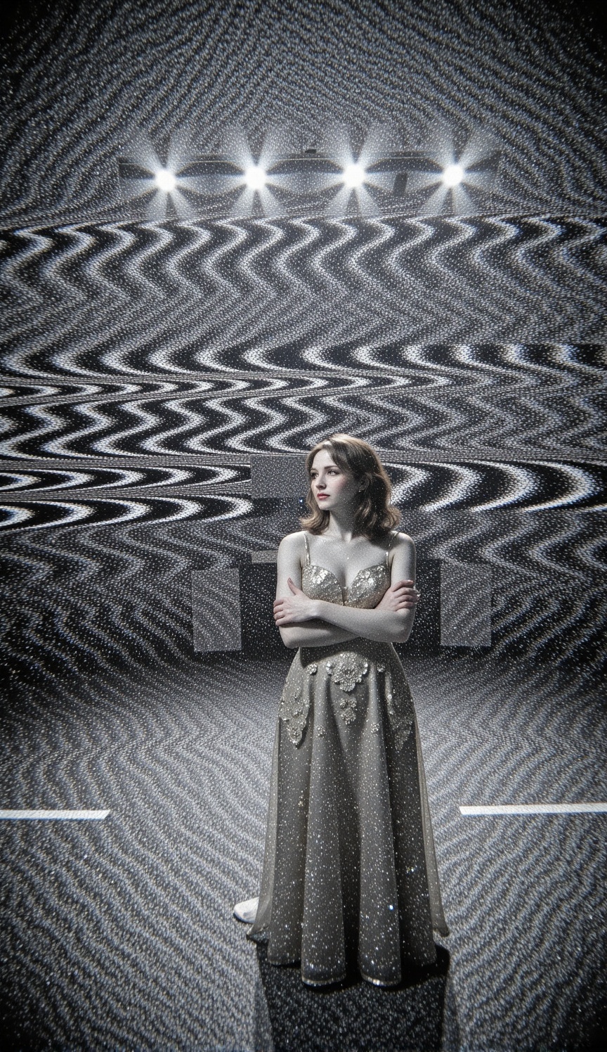 monochrome photograph,  A woman wearing a sequined gala dress standing under a spotlight on an empty stage,  looking lonel...