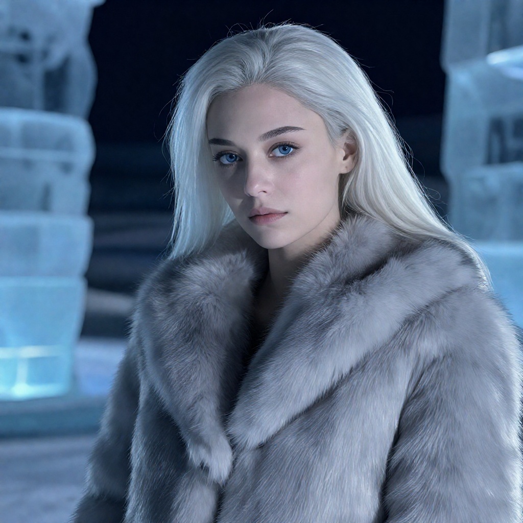 masterpiece photo of slavic_ice_v1,  cold seductive expression,  wearing a high-fashion silver fur coat on Tensor.Art