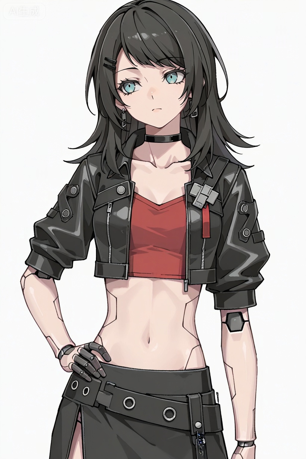 masterpiece, best quality,solo,white background,simple_background,Yahata Umiri,cybersaki_style,black hair,long hair,blue eyes,bangs,swept bangs,skirt,jewelry,jacket,earrings,choker,black jacket,red shirt,leather,leather jacket,navel,cropped jacket,android,joints,robot joints