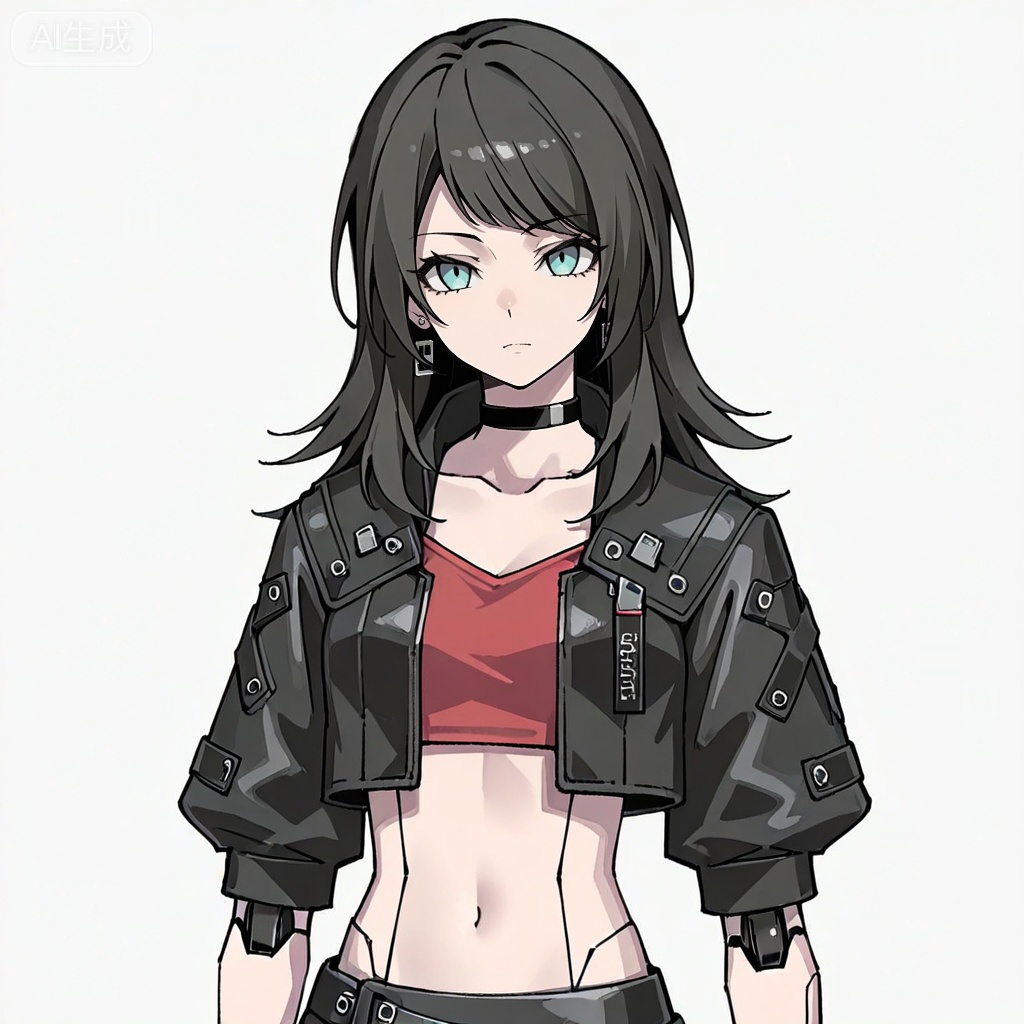 masterpiece, best quality,solo,white background,simple_background,Yahata Umiri,cybersaki_style,black hair,long hair,blue eyes,bangs,swept bangs,skirt,jewelry,jacket,earrings,choker,black jacket,red shirt,leather,leather jacket,navel,cropped jacket,android,joints,robot joints