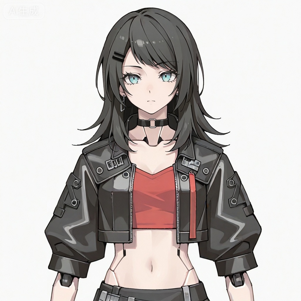 masterpiece, best quality,solo,white background,simple_background,Yahata Umiri,cybersaki_style,black hair,long hair,blue eyes,bangs,swept bangs,skirt,jewelry,jacket,earrings,choker,black jacket,red shirt,leather,leather jacket,navel,cropped jacket,android,joints,robot joints
