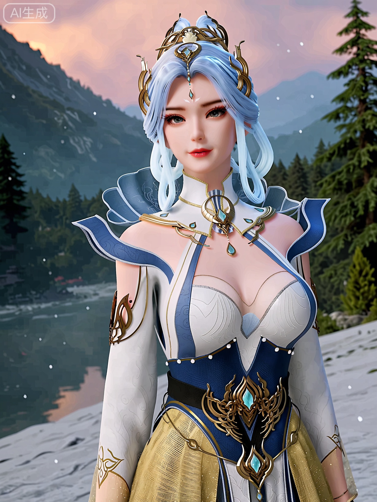 score_9,score_8_up,score_7_up,masterpiece,(best quality),(intricate details:0.9) BREAK (intricate details:0.9),(realistic skin:1.2),masterpiece,best quality,newest,absurdres,hiahres,1girl,jewelry,hair ornament,dress,necklace,lips,eyeshadow,bracelet,tassel,(8k ultra-clear, pony style),photo pose 0.6, micro-expression: soft smile 0.3, half-body + medium shot 0.7,1girl,looking_at_viewer,1boy,hair,realistic,photorealistic,Vivid Colors,bright environment,shiny skin,shiny hairjewelry,detail eyes,Eyes highlights,glowing,sunshine,bright,reflection,bright,sunshine on face,shiny,shinny,petite,thin,leg slimming,lose weight,slim hips,lakeside,delicate water,reflection,(full body:1.3)sitting_down,eyelashes,snow,Winter,Snowy landscape,Snow accumulation,Christmas tree,(huge breasts:1),