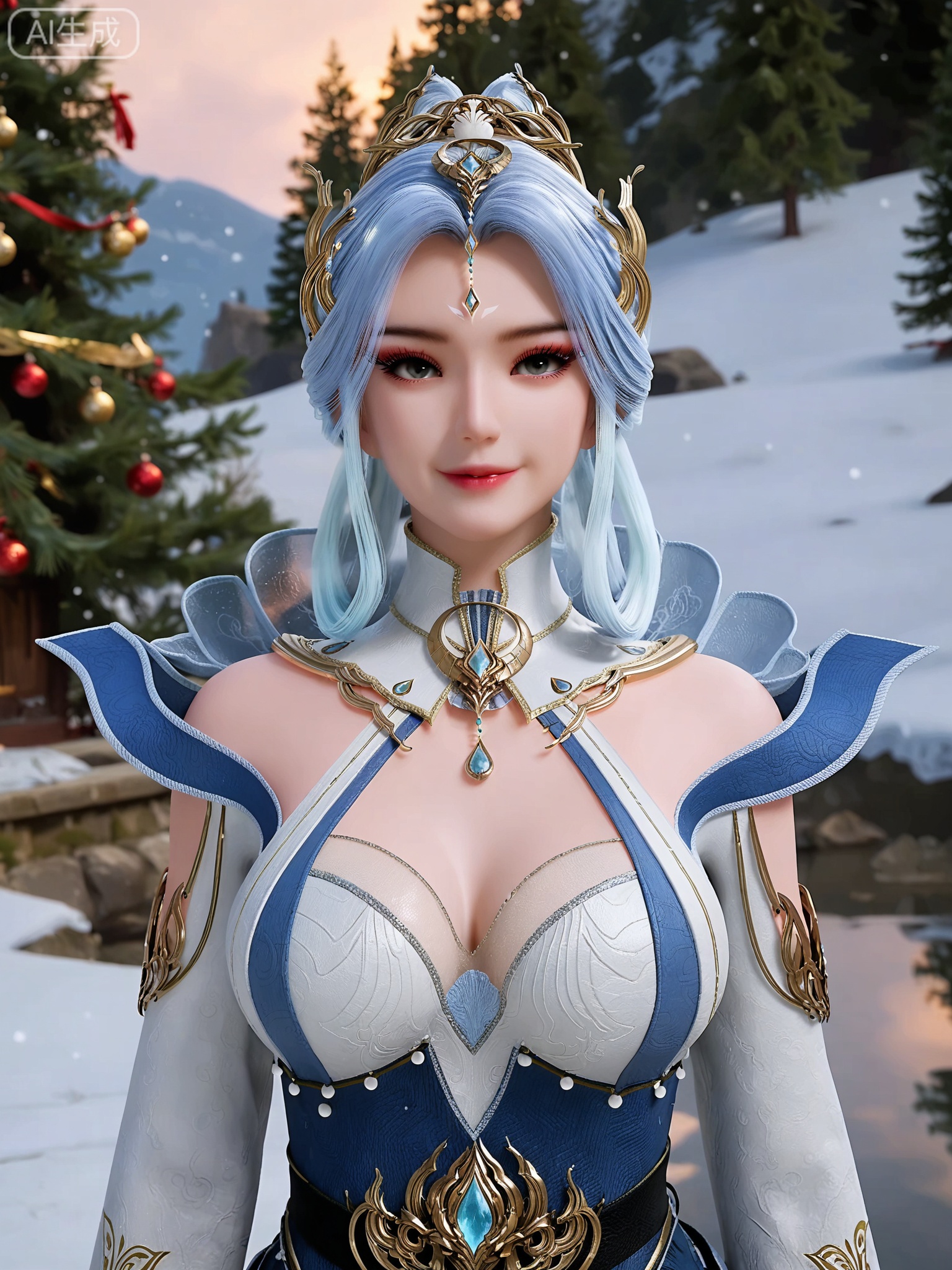 score_9,score_8_up,score_7_up,masterpiece,(best quality),(intricate details:0.9) BREAK (intricate details:0.9),(realistic skin:1.2),masterpiece,best quality,newest,absurdres,hiahres,1girl,jewelry,hair ornament,dress,necklace,lips,eyeshadow,bracelet,tassel,(8k ultra-clear, pony style),photo pose 0.6, micro-expression: soft smile 0.3, half-body + medium shot 0.7,1girl,looking_at_viewer,1boy,hair,realistic,photorealistic,Vivid Colors,bright environment,shiny skin,shiny hairjewelry,detail eyes,Eyes highlights,glowing,sunshine,bright,reflection,bright,sunshine on face,shiny,shinny,petite,thin,leg slimming,lose weight,slim hips,lakeside,delicate water,reflection,(full body:1.3)sitting_down,eyelashes,snow,Winter,Snowy landscape,Snow accumulation,Christmas tree,(huge breasts:1),