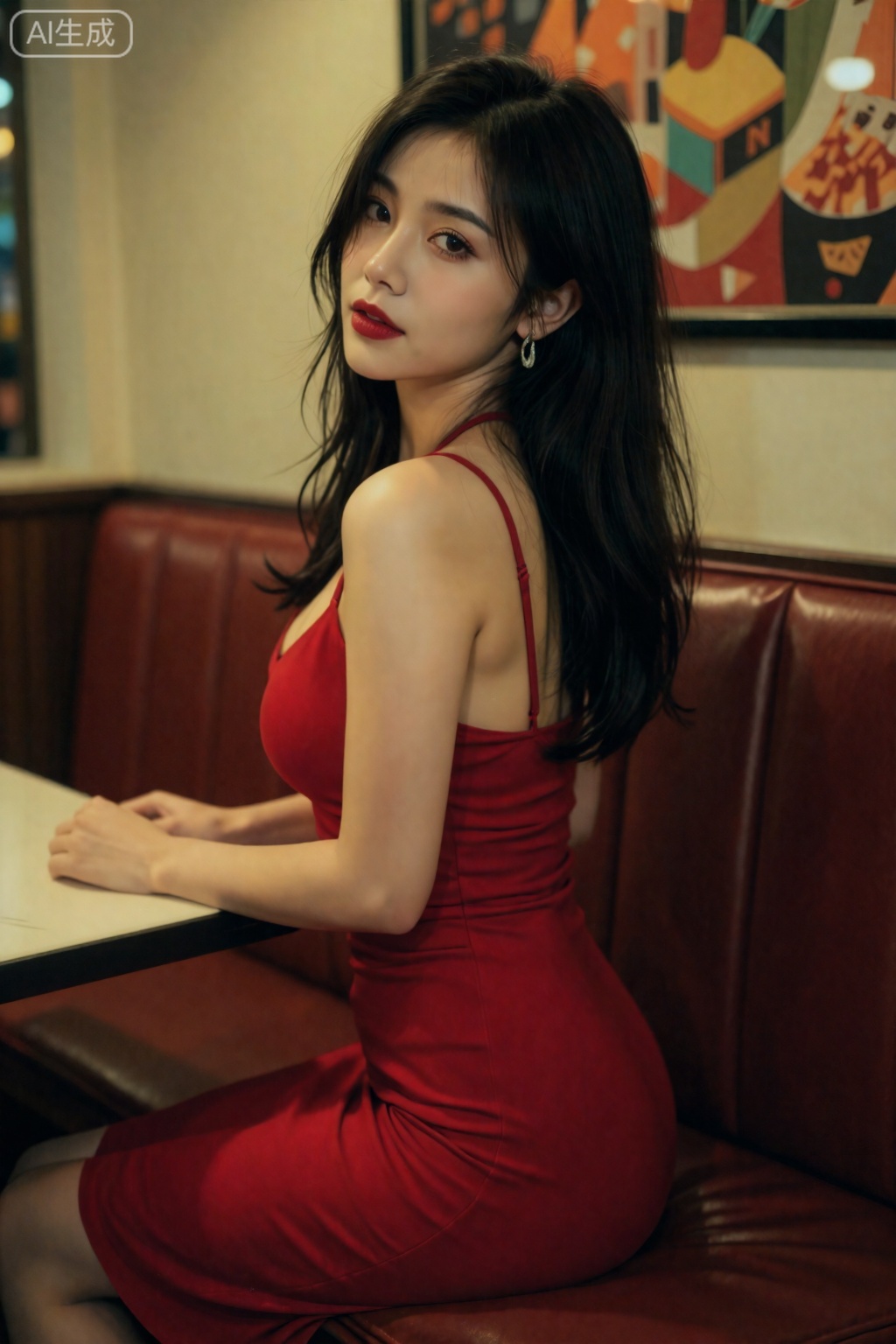 真实照片,真人皮肤,,,,
真人美女摄影,港风女性魅力典范,一位黑发红唇的美女坐在复古咖啡馆的卡座里,身着修身红色连衣裙,侧身回眸,曲线玲珑,风情万种。镜头参数：蔡司Planar 50mm f/1.4, f/2.8, 1/60s, ISO 800。小红书复古胶片感,电影氛围,浓郁色调。,造像佳人