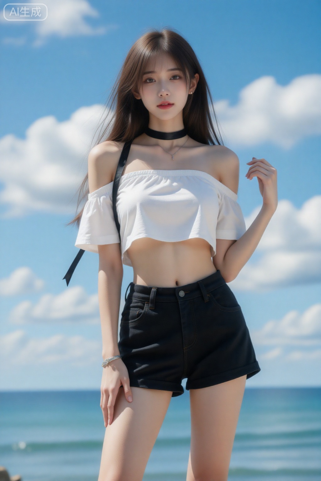 
真人摄影照片,  
 Blue sky, white clouds, ocean,nai3, 1girl, shorts, solo, crop top, black shorts, choker, navel, shirt, midriff, crop top overhang, looking at viewer, white shirt, jewelry, breasts, bare shoulders, short shorts, off-shoulder shirt, off shoulder, black choker, thighs, stomach, hand on own thigh, long hair, bracelet, short sleeves, ribbon, hand up, collarbone, hair ribbon, medium breasts, standing, high-waist shorts, dolphin shorts, bra strap, , hair ornament, thigh gap, necklace, expressionless, , ,kind smile, ,造像佳人