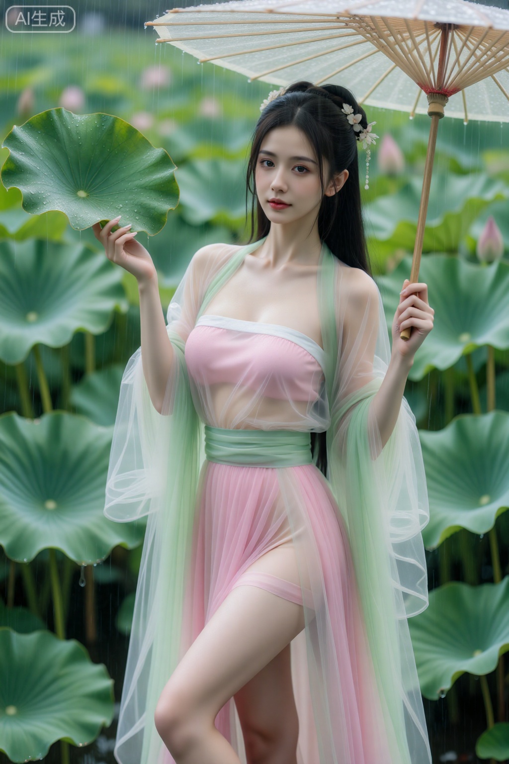 真实照片质感,去AI 感,8K 超高清精致壁纸风。性感中式女侠穿粉白渐变纱质侠衣,外搭浅绿披帛,完美身材高挑柔美。立于荷塘边,一手执油纸伞,一手轻触荷叶,雨滴落在伞面和荷叶上,看着镜头眉眼温柔。皮肤雪白水润光滑,年轻有弹性。镜头参数：焦距60mm,光圈f/2.2,快门1/400s,ISO 100,柔光打亮,荷叶纹理、雨滴形态、纱衣通透感细节清晰,壁纸风精致感拉满。,造像佳人