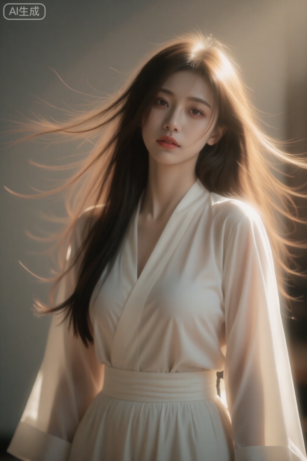 光影写真,一位女性身着白色服饰,发丝随风飘动,光影营造出富有氛围感的画面,风格温柔且具艺术感。,造像佳人