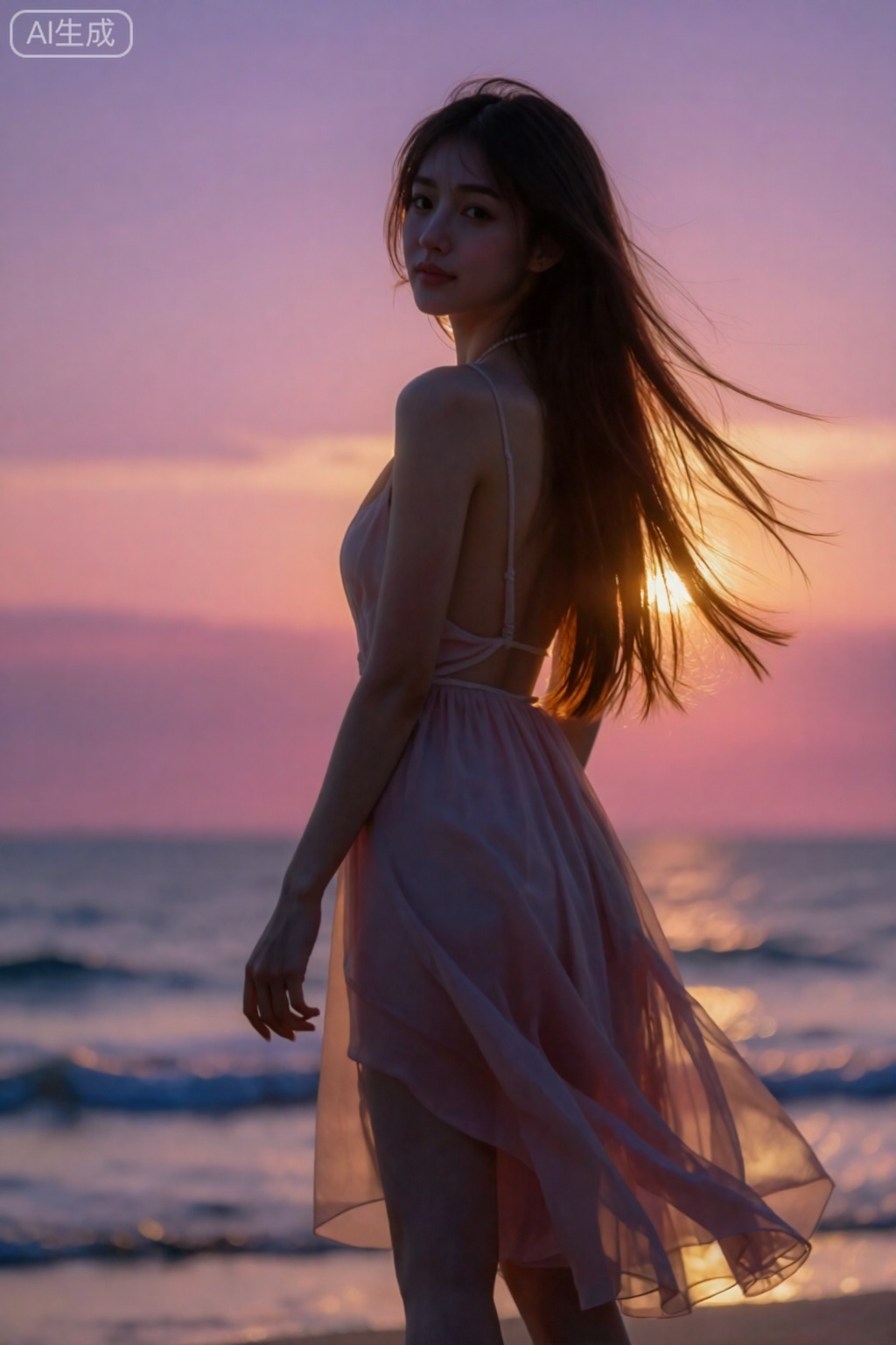 

一位长发飘飘的活力女孩,在日落时分的海边。她穿着飘逸的吊带长裙,。她回头望向镜头,夕阳的余晖为她勾勒出金色的轮廓,。背景是粉紫色渐变的天空,整个画面充满电影感和治愈感。
镜头参数：索尼A7R V, FE 135mm f/1.8 GM, f/2.8, 1/1000s, ISO 100。。,造像佳人