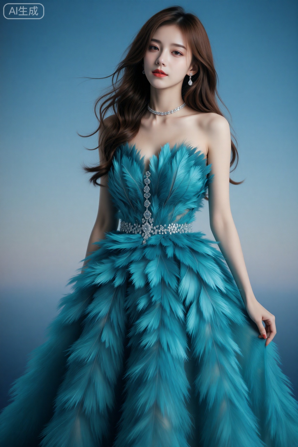 ,真实照片,reality,
Photograph of an East Asian woman with fair skin and long, wavy brown hair, wearing a strapless, teal-colored ball gown adorned with large, feather-like textures and sparkling embellishments. She has a slender build and is wearing a silver choker necklace with matching earrings. Her makeup is subtle, with a focus on her red lips. The background is a gradient of soft blue, adding a dreamy, ethereal quality to the image. The lighting is soft, highlighting the textures and colors of her dress, and she gazes slightly to the side with a serene expression. The overall style is elegant and sophisticated.,造像佳人