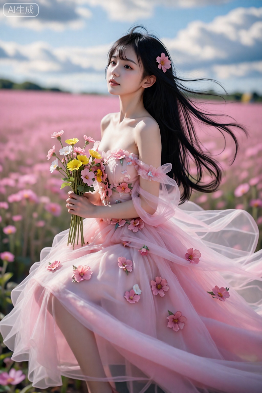 真实照片,真人皮肤,
,This photograph captures an ethereal Asian woman with long, flowing black hair, adorned with pink flower accessories, seated in a vast pink field under a softly clouded blue sky. She wears a strapless, pink, floral-embroidered ball gown with sheer, flowing sleeves and a voluminous skirt that billows gently in the breeze. Her delicate, fair skin contrasts with the vibrant pink hues of the field and her dress. She holds a small bouquet of yellow and pink flowers, adding a touch of color to her ensemble. The overall composition evokes a dreamy, fairy-tale-like atmosphere, blending natural beauty with romantic elegance.