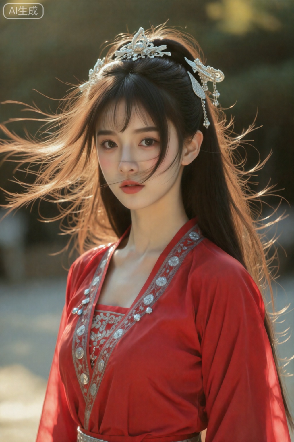 一个电影级别的照片,一个女孩,长发,她的脸颊两侧的短发被微风吹,半身照,阳光照在脸上,穿着红色连衣裙,头上戴着银发簪花,银发饰物,独特的民族汉服,朦胧的艺术感,富士风格滤镜,电影效果,半身照片,真实照片,,造像佳人