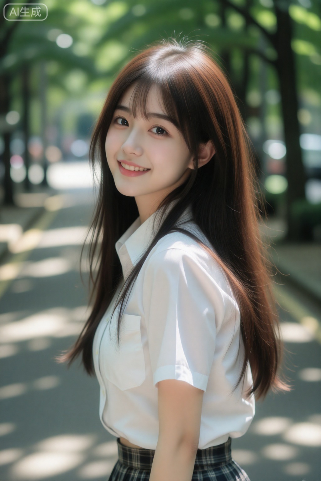
真人摄影,一位清纯的初恋学妹女友,在清晨的林荫道上回眸微笑,阳光透过树叶形成斑驳的光影,洒在她柔顺的长发和白皙的脸庞上,她穿着干净的白色衬衫和格纹短裙,眼神清澈充满活力,背景是模糊的绿色植物,突出人物主体,精致的壁纸风格,absurdres,细节锐利,皮肤纹理细腻,发丝分明,
镜头参数： Canon EOS R5,RF 85mm f/1.2L,光圈f/1.8,快门1/500s,ISO 100,造像佳人