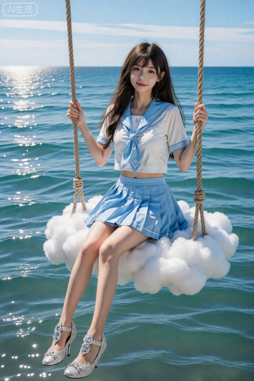1女孩,,图像中,一位年轻女子坐在由蓬松的白云组成的秋千上,秋千悬浮在一片波浪柔和的海洋上。她穿着浅蓝色和白色水手风格的服装：蓝色领子的短袖上衣,搭配配套的领带,搭配百褶裙。,。她双腿交叉,穿着闪亮的银色钻石高跟鞋,上面有华丽的装饰细节。背景展示了清澈的蓝天和平静的青色海水,阳光从水面反射。秋千由粗大的棕色绳子固定,整体场景明亮,强调服装、云彩和自然环境的鲜艳色彩。,造像佳人