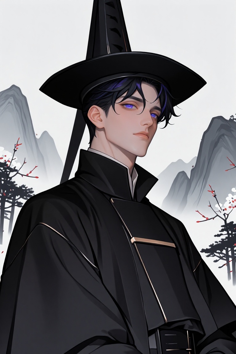 An elegant historical portrait of a noble character wearing traditional black court robes and a tall,  stiff hat. He has d...