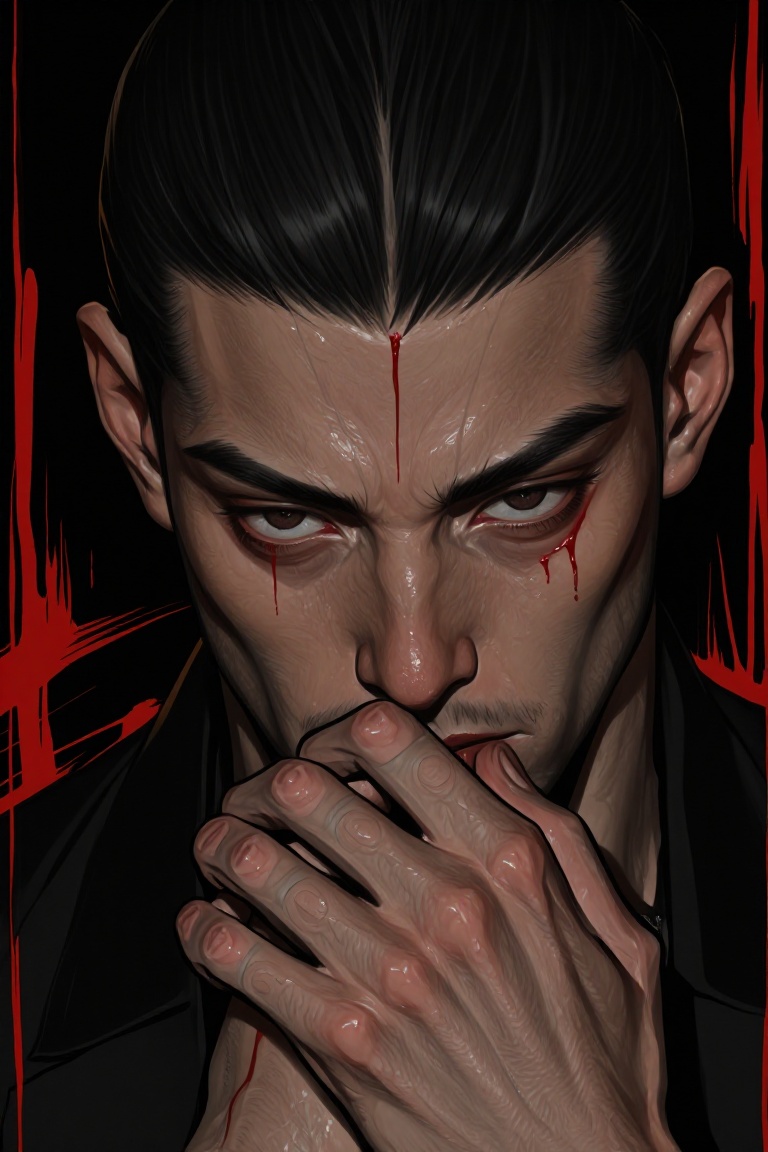 An intense,  menacing close-up of a man with dark hair and a vertical scar cutting across his left eye. He clasps his hand...
