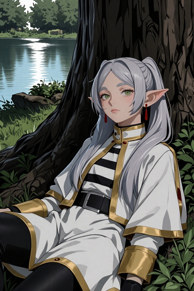 A high-quality anime illustration of Frieren the elf sitting at the base of a massive tree. She has long silver hair tied...