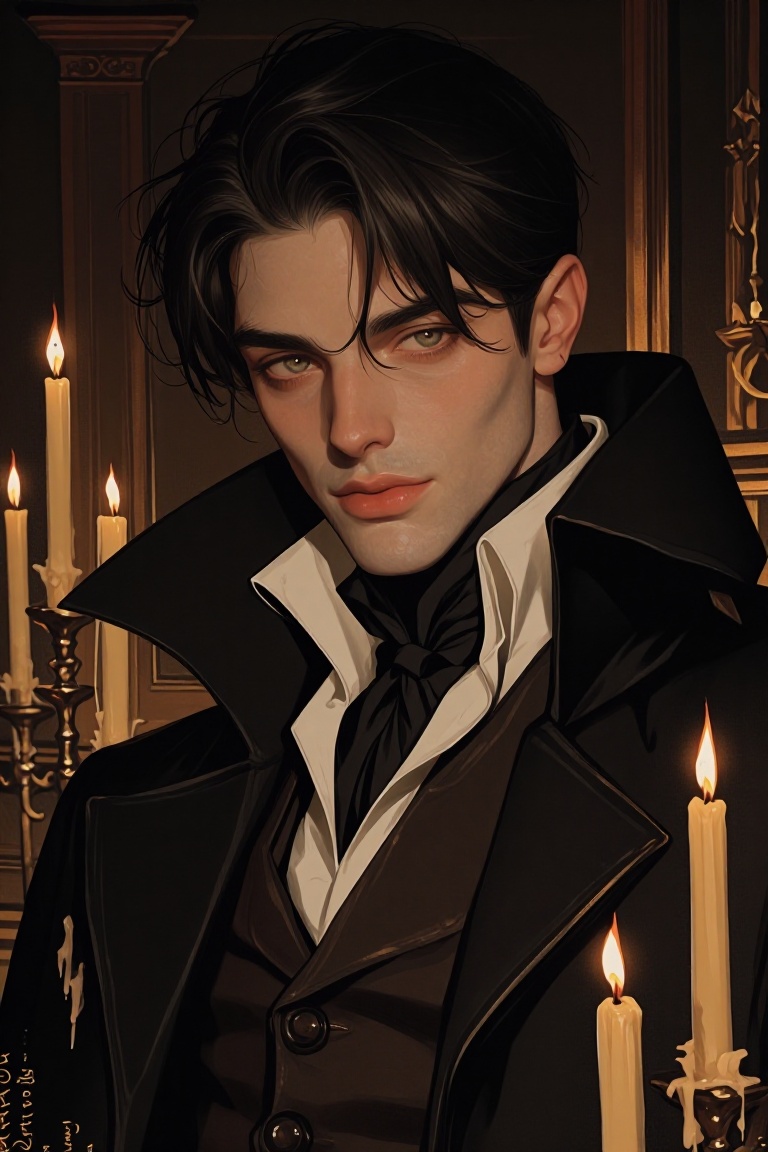 A romantic gothic portrait of a handsome nobleman surrounded by melting candles. He wears a high-collared black cloak and...
