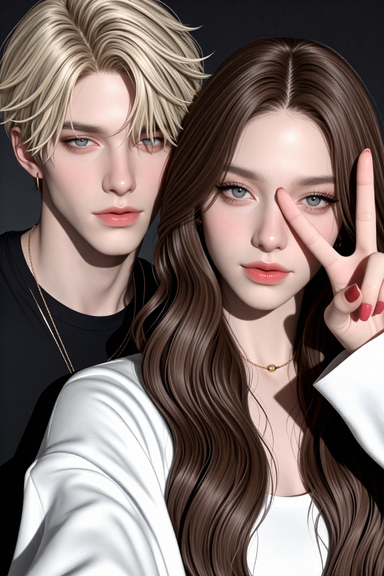 A glamorous close-up of a couple posing for a photo,  with a beautiful young woman flashing a peace sign near her eye. She...