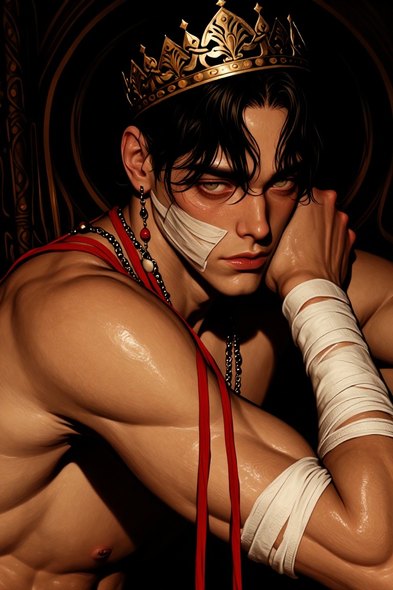 A moody,  high-contrast portrait of a fallen king with messy black curls wearing a tarnished gold crown. His pale skin is...