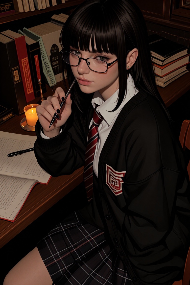 A cozy,  dark academia portrait of a young woman with dark bangs and glasses sitting at a wooden desk. She holds a pen nea...