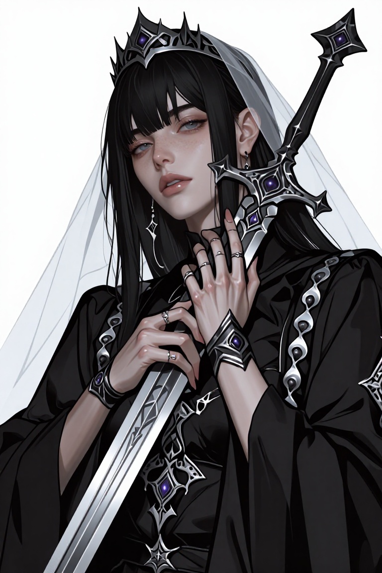 a pale woman with long black hair wearing a jagged dark crown and a translucent white veil. She holds a long,  ornate silv...