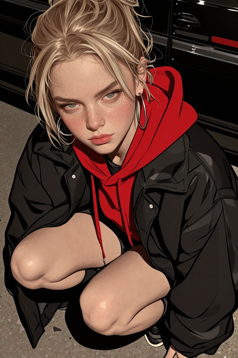 An edgy,  high-angle shot of a young woman with messy blonde hair crouching next to a vehicle. She stares up at the viewer...