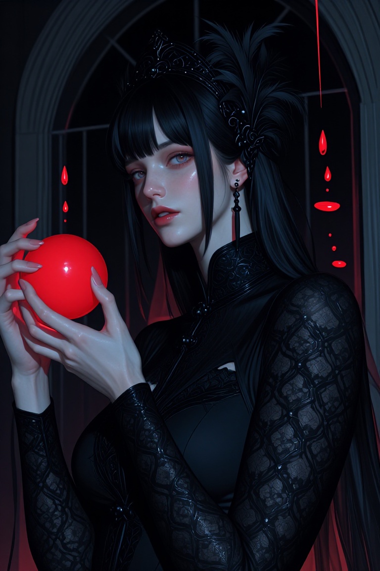 A bewitching gothic sorceress holding a glowing red sphere,  with droplets of crimson liquid floating magically in the air...