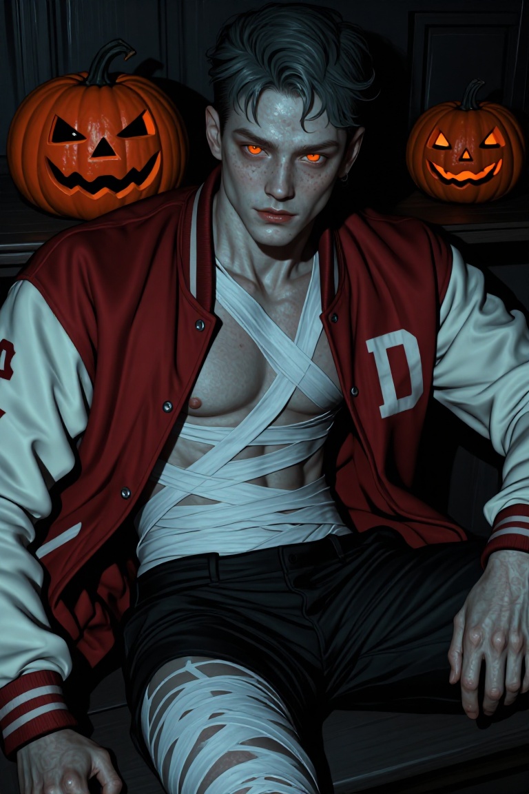 A spooky,  atmospheric Halloween portrait of a young man with glowing orange eyes and freckles,  sitting next to a carved...