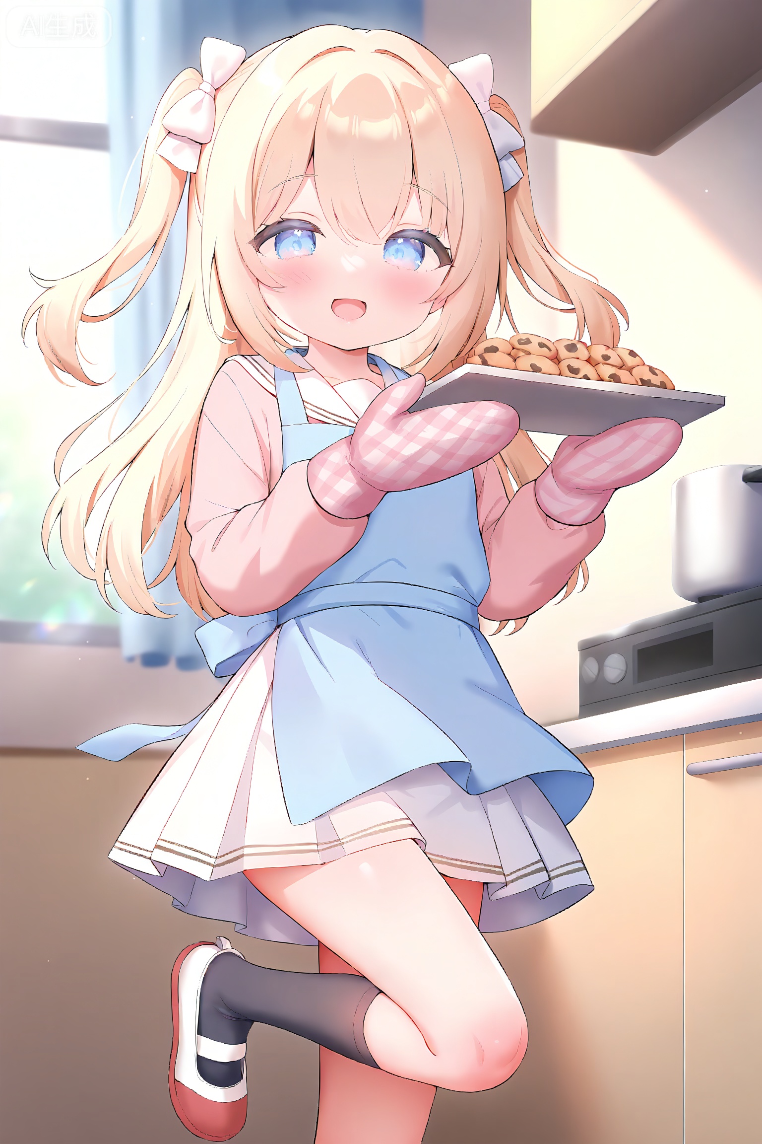 masterpiece,best quality,amazing quality,highres,absurdres,newest,very aesthetic,extreme aesthetic,very awa,petite,loli,apron, 1girl, pleated skirt, solo, smile, black socks, hair between eyes, skirt, :d, bow, hair bow, long hair, window, white bow, blush, indoors, bangs, pink sweater, socks, blue eyes, school uniform, white footwear, shoes, oven mitts, sweater, sailor collar, open mouth, white skirt, two side up, looking at viewer, cookie, serafuku, long sleeves, curtains, food, kneehighs, standing, standing on one leg, holding, blue apron, blonde hair, uwabaki, day, white sailor collar, shirt