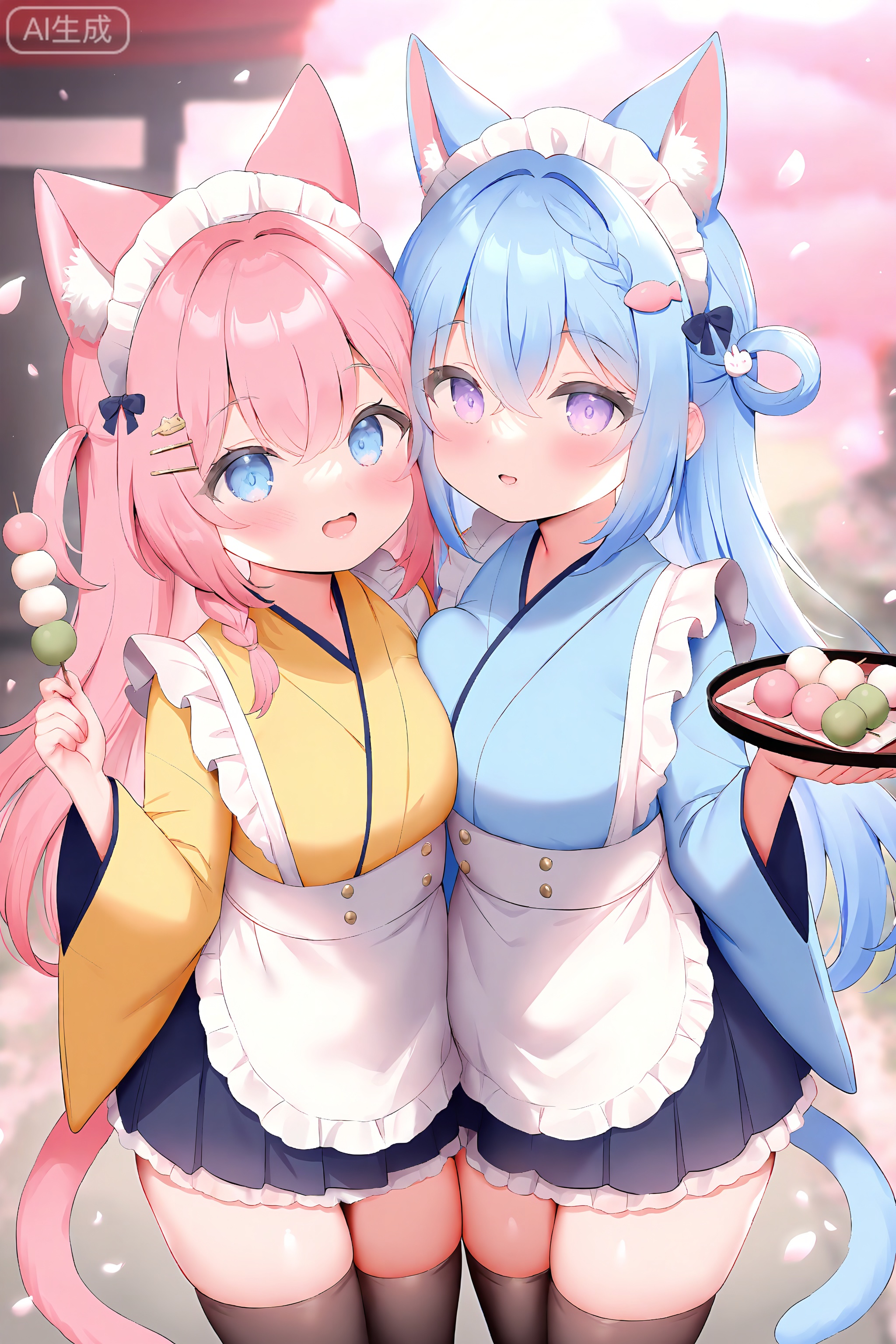 masterpiece,best quality,amazing quality,highres,absurdres,newest,very aesthetic,extreme aesthetic,very awa,petite,loli,multiple girls, 2girls, animal ears, wagashi, wa maid, dango, cat tail, cat ears, rabbit ears, food, holding, thighhighs, apron, tail, skirt, white apron, japanese clothes, maid headdress, yellow kimono, breasts, kimono, blush, sanshoku dango, frills, cat girl, blue hair, smile, hair between eyes, frilled apron, bangs, tray, parted lips, outdoors, wide sleeves, holding tray, open mouth, pink hair, hair ornament, pleated skirt, breast press, long hair, purple eyes, long sleeves, looking at viewer, hairclip, blue skirt, :d, rabbit tail, fish hair ornament, hair rings, frilled skirt, off shoulder, waist apron, petals, medium breasts, blue eyes, asymmetrical docking, animal ear fluff, braid, day, holding food, hanami