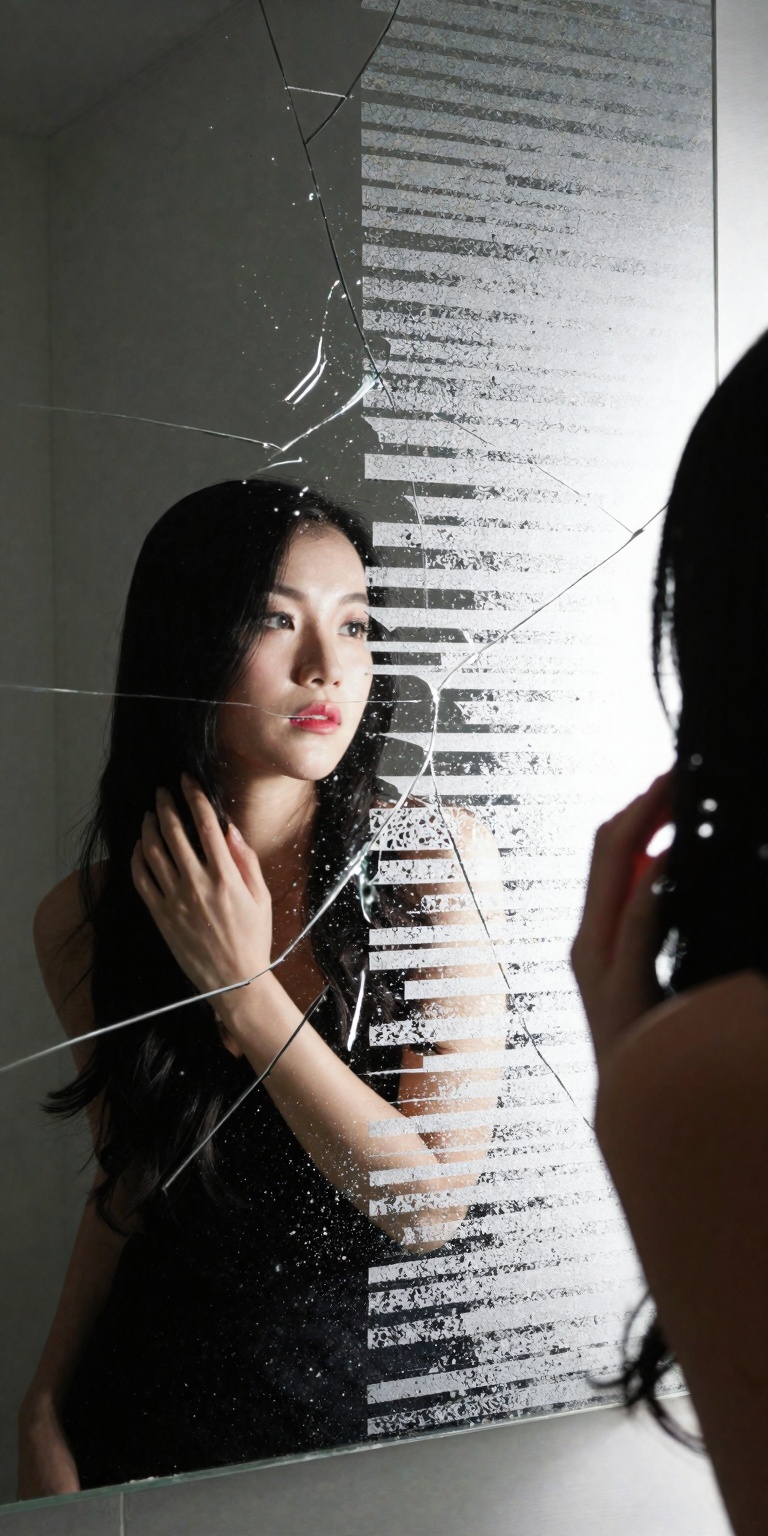 A beautiful woman standing in front of a mirror that reflects nothing but white noise static. Her real face is detailed an...