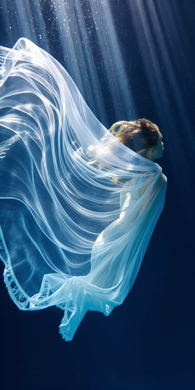 A beautiful woman underwater,  wearing a delicate flowing veil that drifts around her like liquid silk. Her face is clearl...