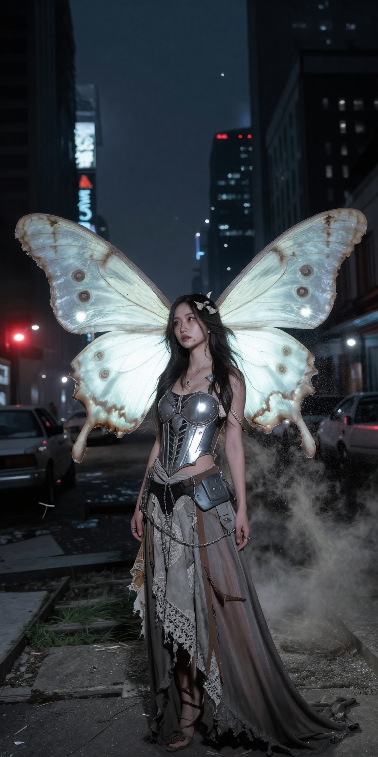 A beautiful woman in a ruined dystopian city at night,  illuminated by the pale glow of giant moth wings behind her. Her f...