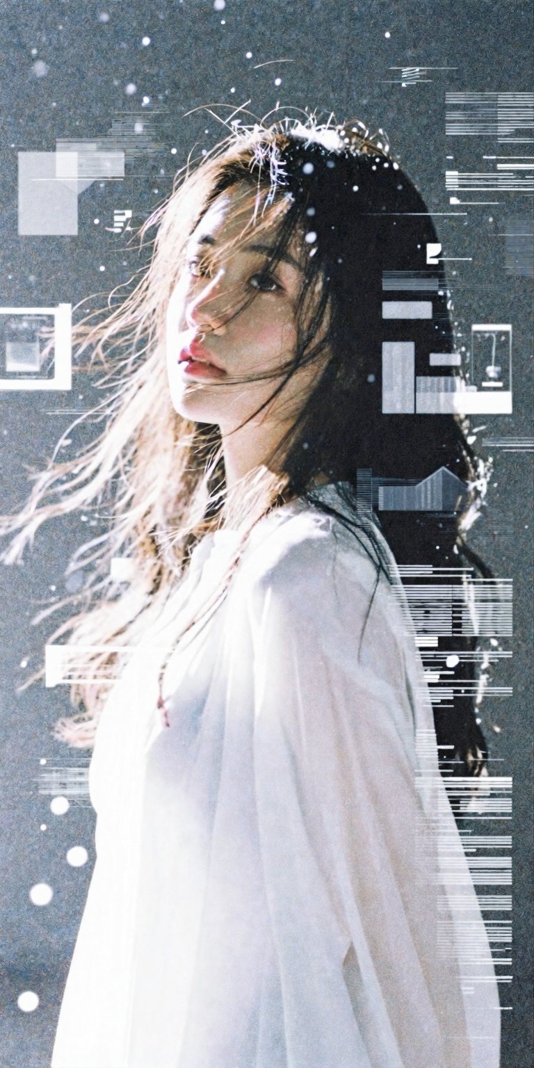 A beautiful woman surrounded by white noise. Her face is clearly visible and strikingly beautiful,  softly illuminated whi...
