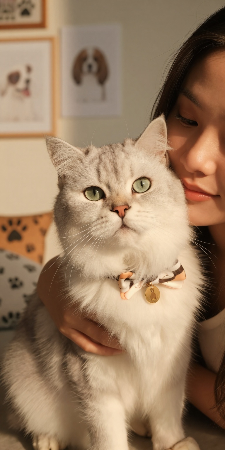 A beautiful woman holding her beloved pet for a pet portrait style scene. Her face is clearly visible,  gentle and smiling...