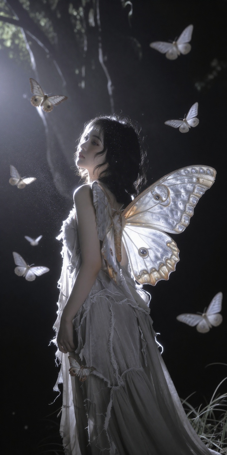 A beautiful woman surrounded by large glowing moths in a dim,  dreamy forest at night. Her face is clearly visible and str...