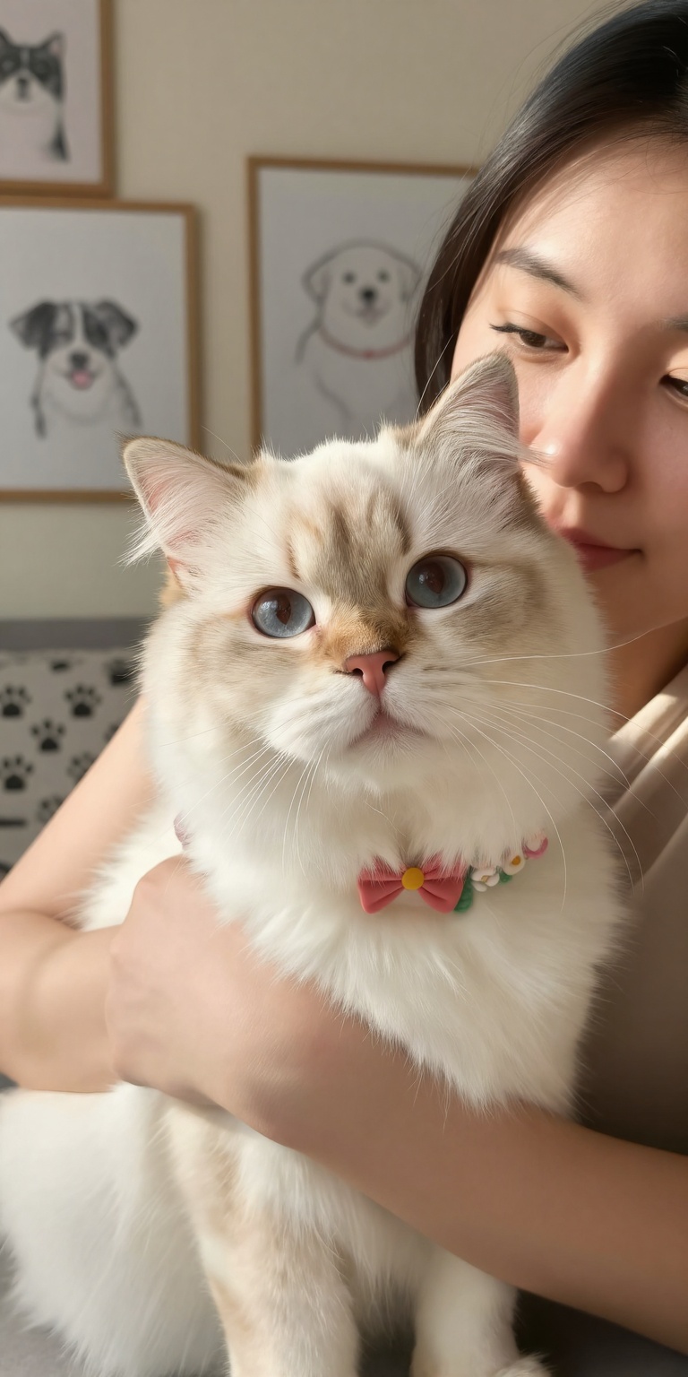 A beautiful woman holding her beloved pet for a pet portrait style scene. Her face is clearly visible,  gentle and smiling...