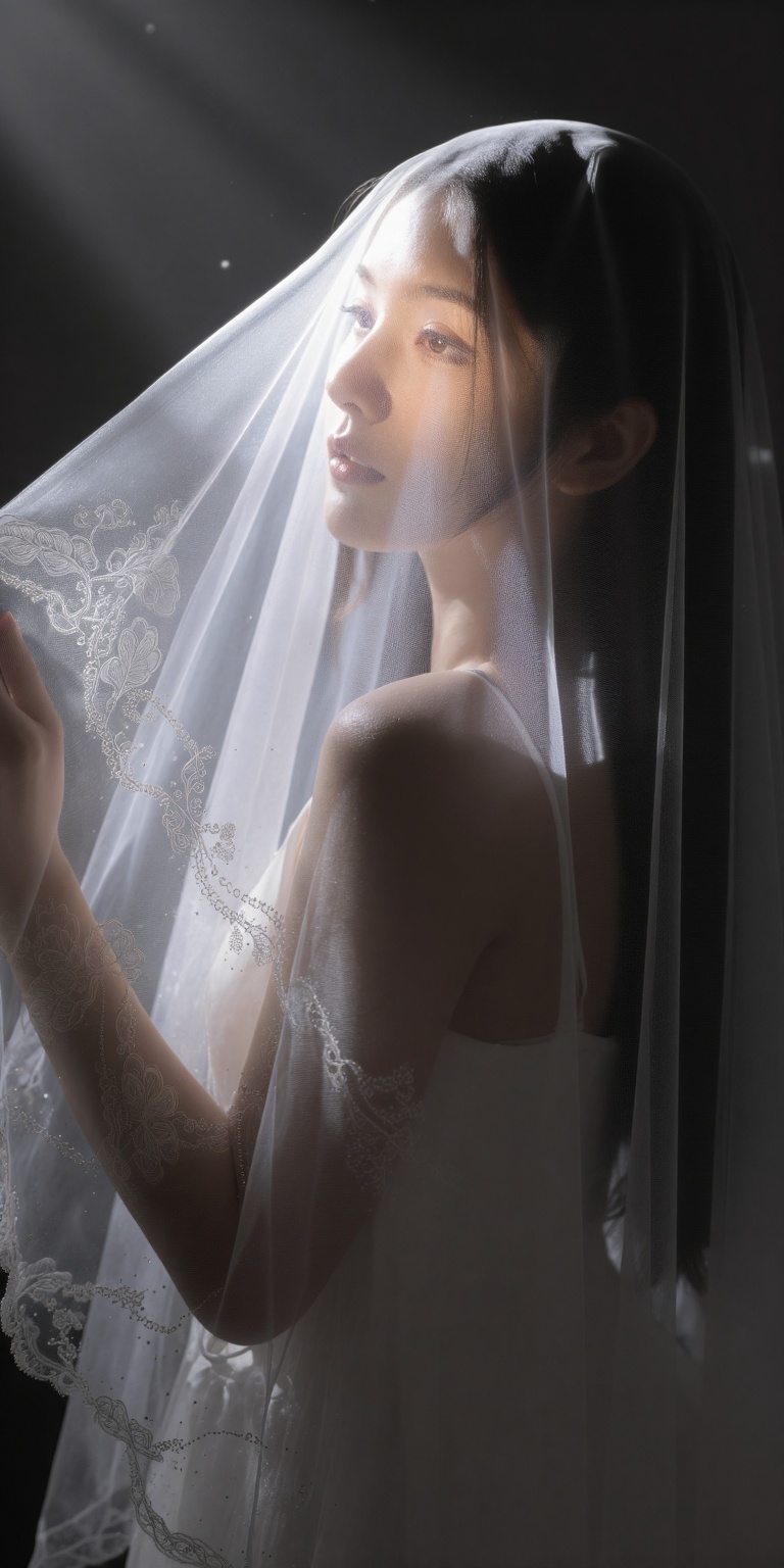 A beautiful woman wearing a delicate veil over her face. The veil is translucent,  soft,  and flowing — made of fine lace...