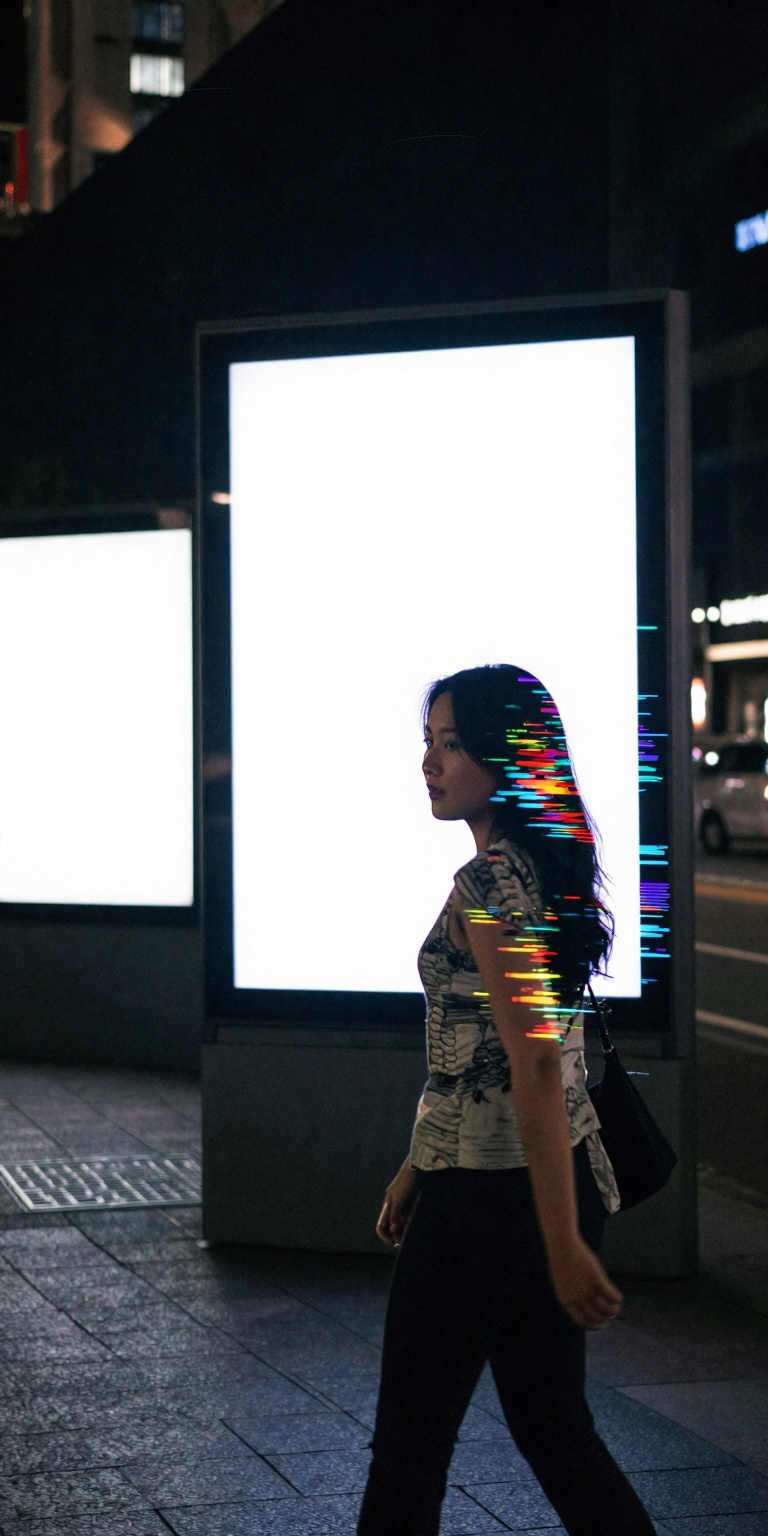 A beautiful woman in the middle of a silent city where all billboards,  windows,  and screens show white noise static. The...