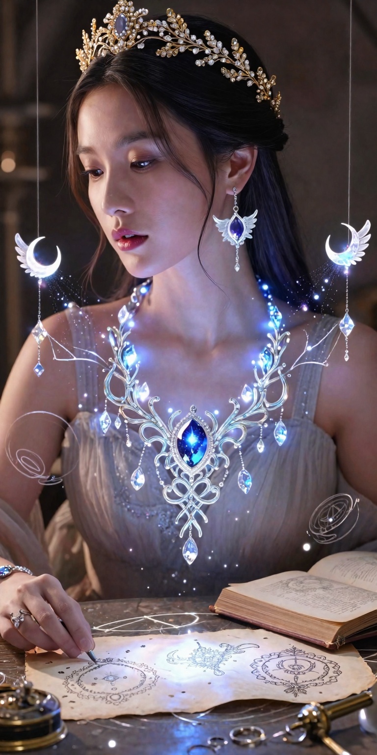 A beautiful fantasy woman acting as the living muse of enchanted jewelry. Her face is clearly visible and ethereal,  softl...