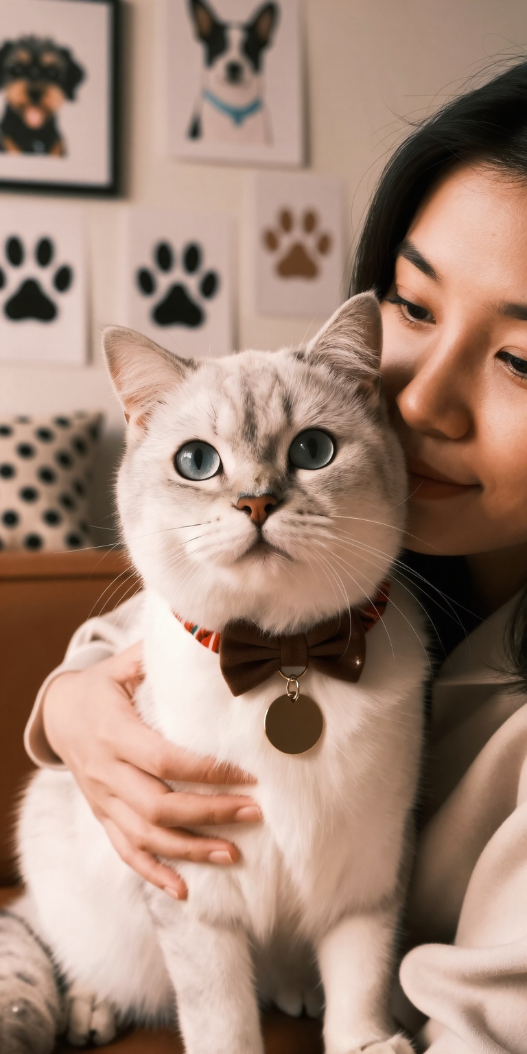 A beautiful woman holding her beloved pet for a pet portrait style scene. Her face is clearly visible,  gentle and smiling...