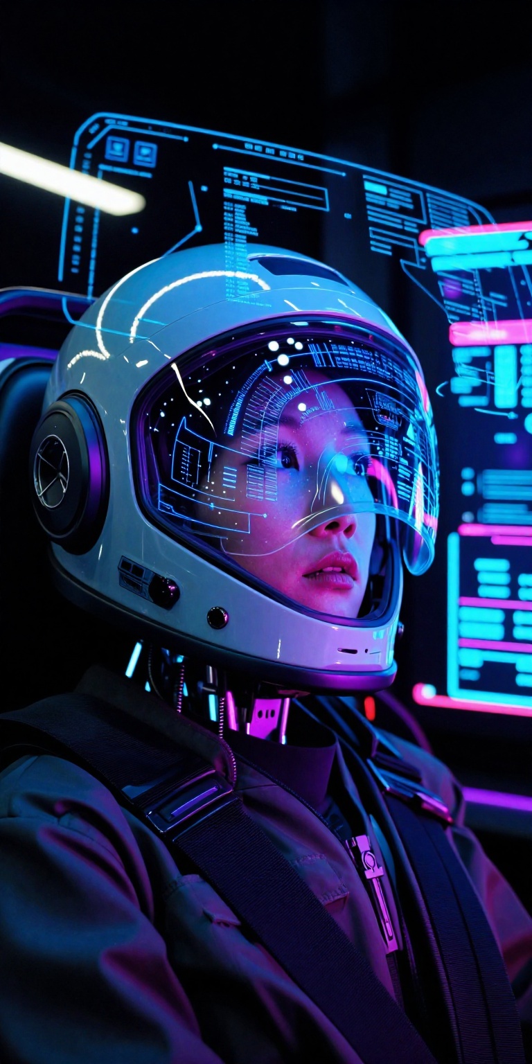cybernetic pilot sits in a futuristic cockpit,  the close-up capturing their gleaming helmet as holographic displays pulse...