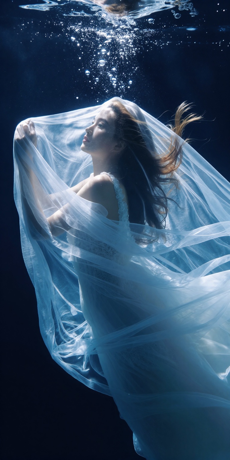 A beautiful woman underwater,  wearing a delicate flowing veil that drifts around her like liquid silk. Her face is clearl...