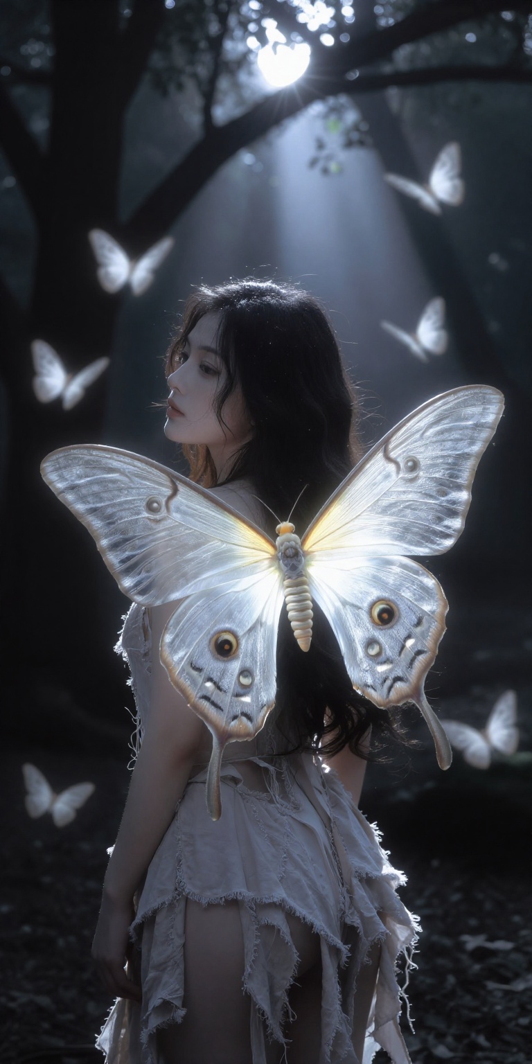 A beautiful woman surrounded by large glowing moths in a dim,  dreamy forest at night. Her face is clearly visible and str...