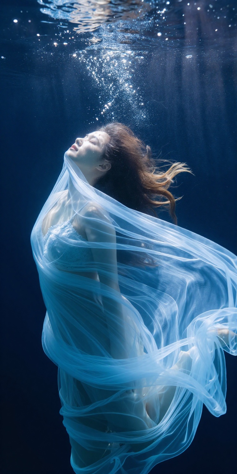 A beautiful woman underwater,  wearing a delicate flowing veil that drifts around her like liquid silk. Her face is clearl...