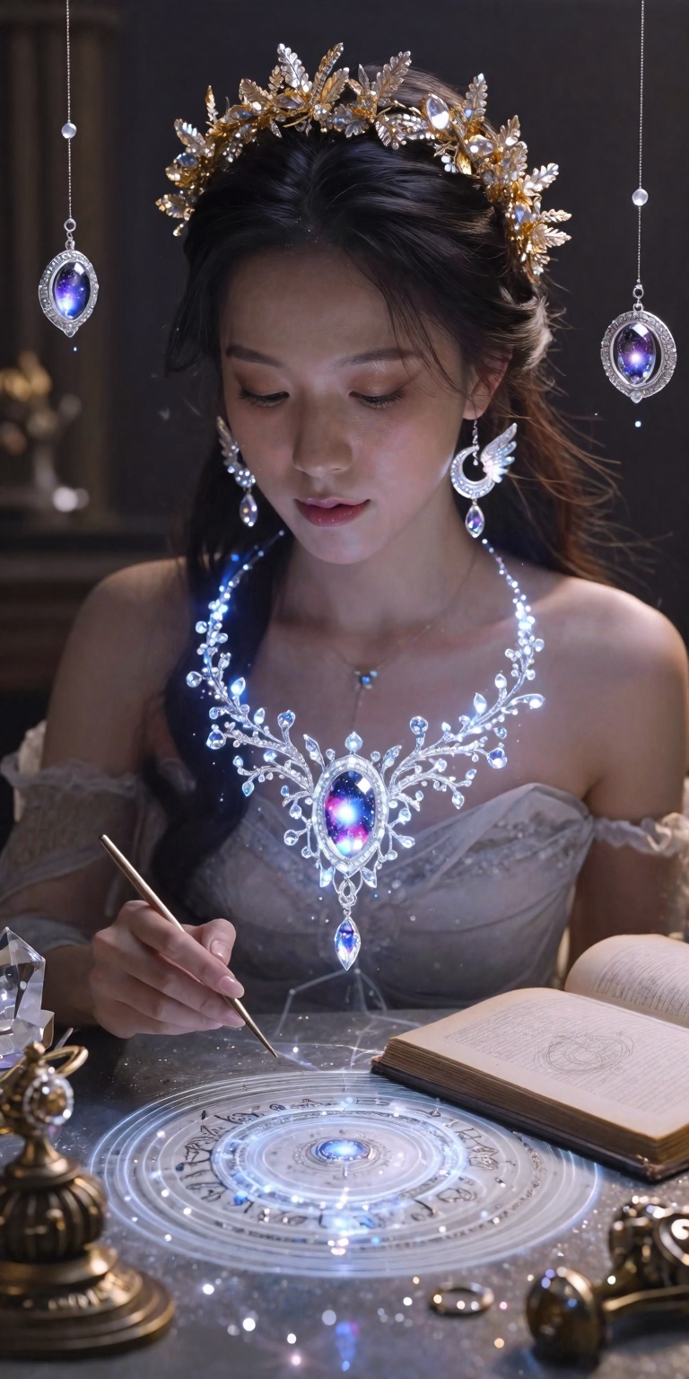 A beautiful fantasy woman acting as the living muse of enchanted jewelry. Her face is clearly visible and ethereal,  softl...
