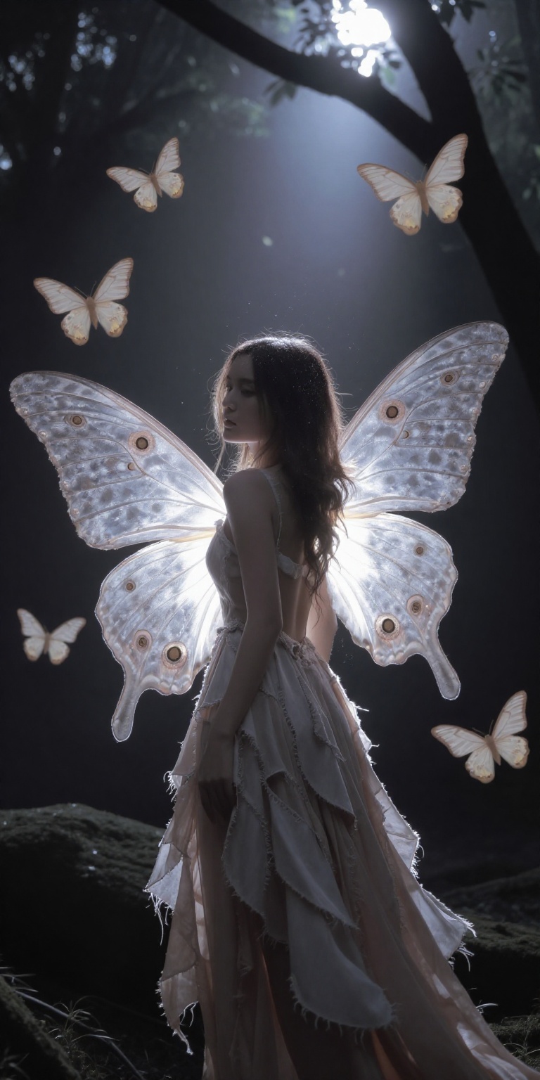 A beautiful woman surrounded by large glowing moths in a dim,  dreamy forest at night. Her face is clearly visible and str...