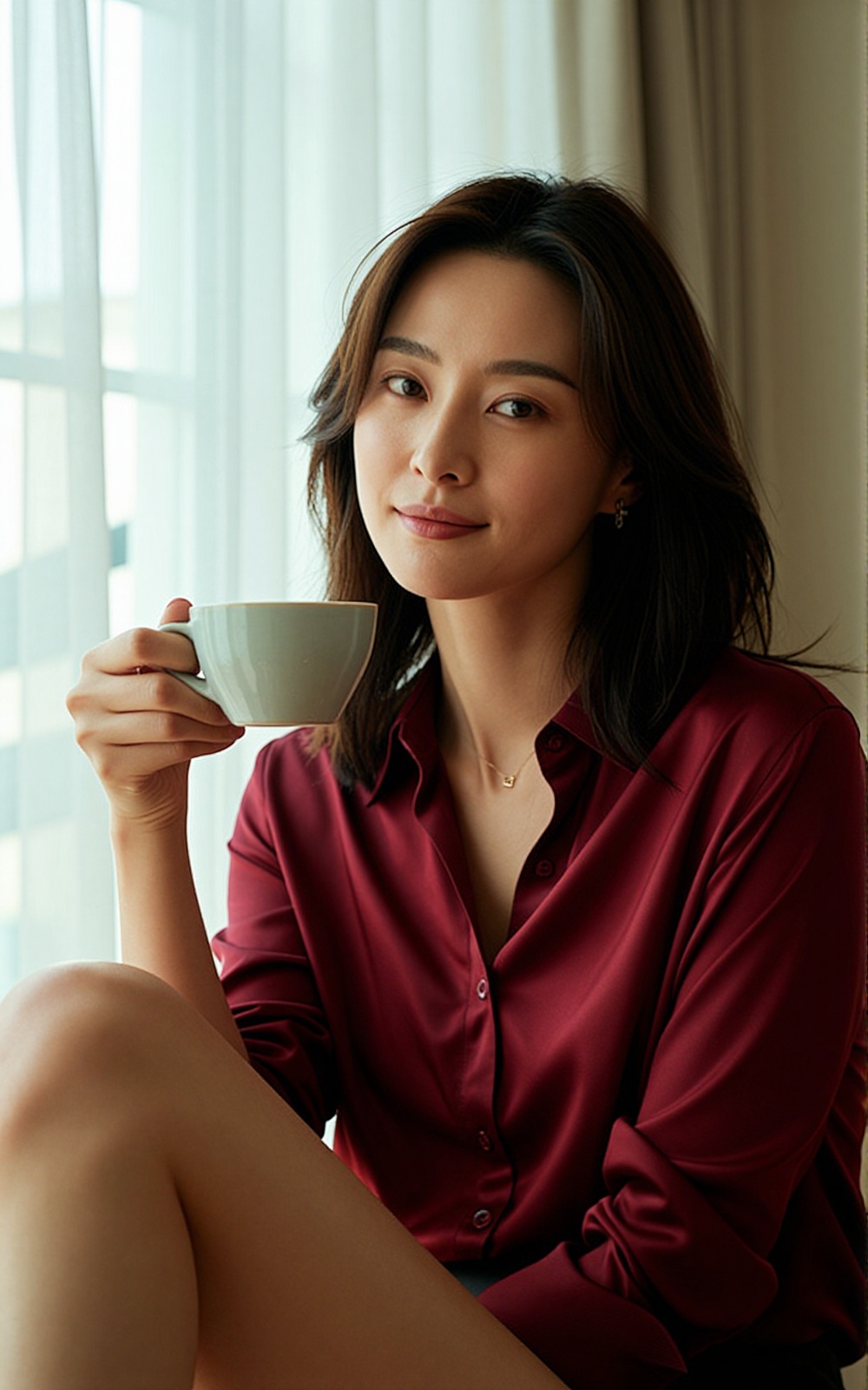 Realistic indoor lifestyle portrait photo of a 20-year-old woman,  upper body framing,  face-centered composition on Tenso...